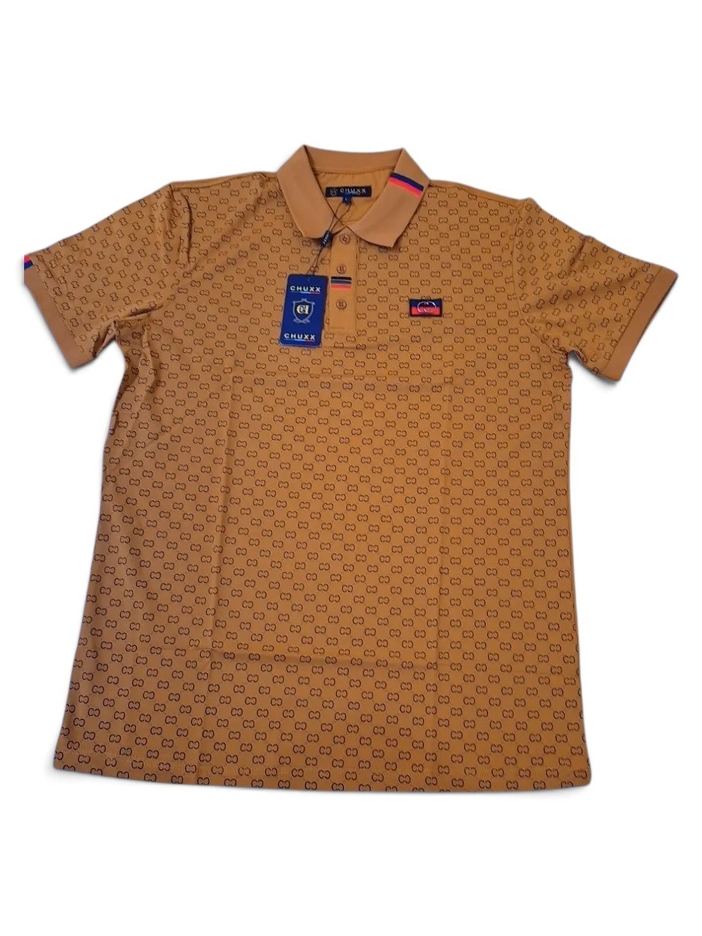 Huk Short-Sleeve Polo in Tan Allover Print